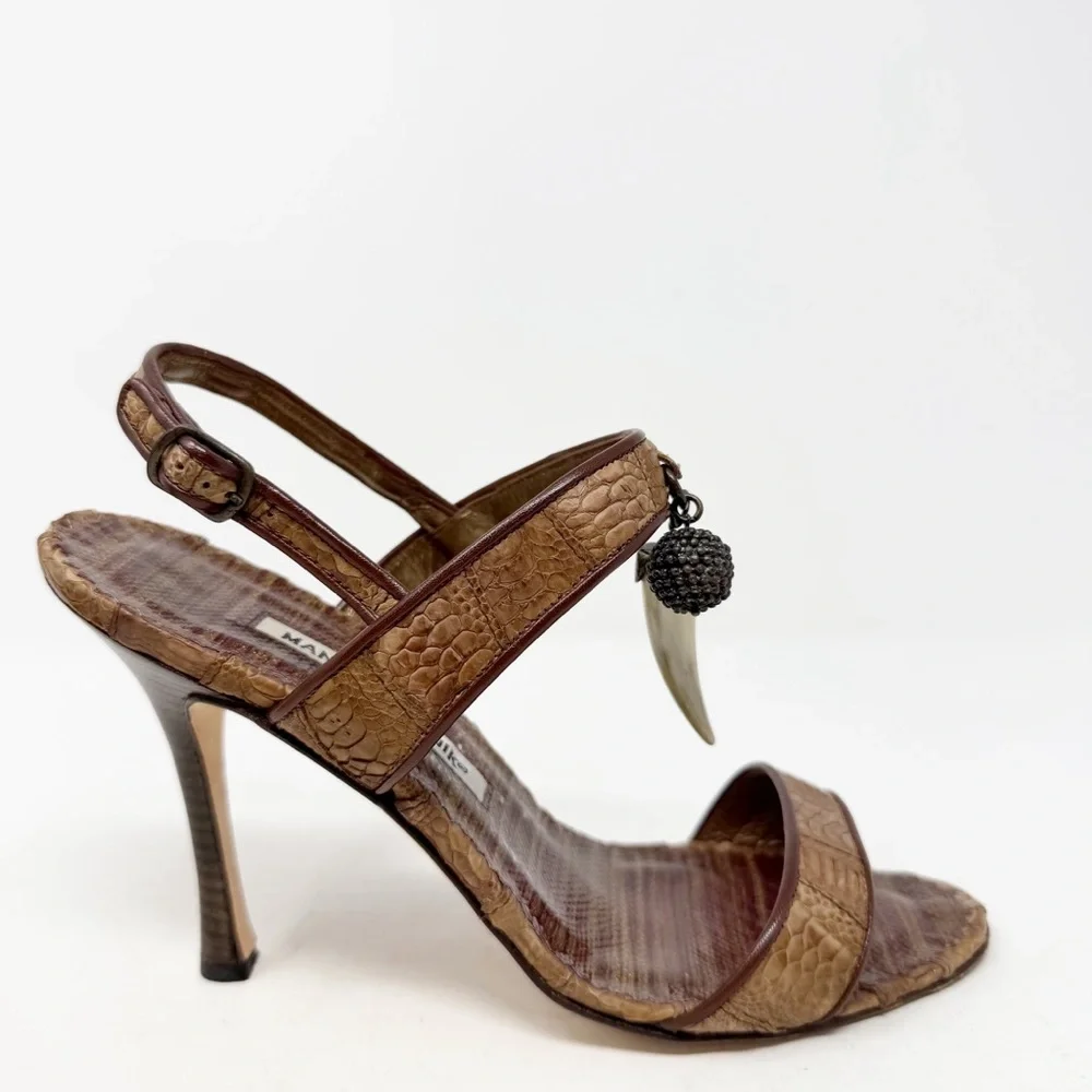 Manolo Blahnik Python Leather Charm Slingback Sandals Heels Womens Size EU 38.5